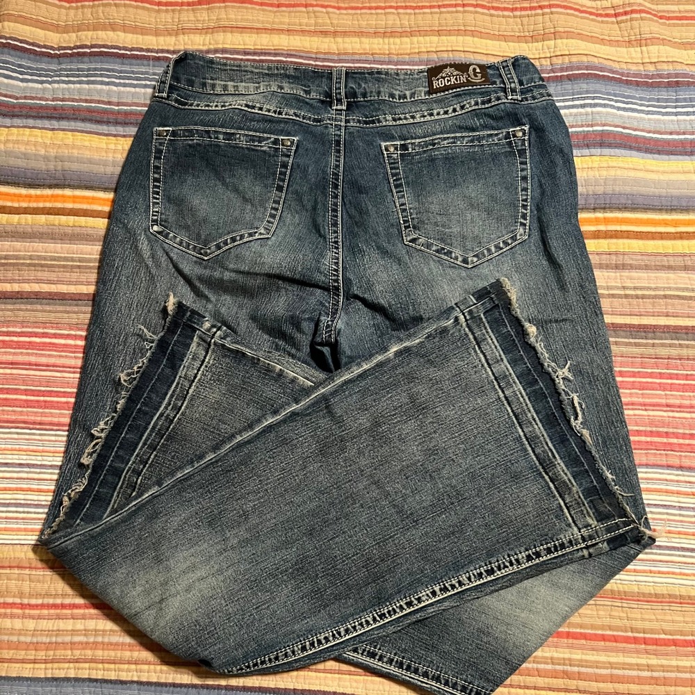 Rockin C Womens Jeans Size 33‎ Bootcut Blue Denim Distressed Frayed Hem